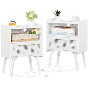 Imagem de Lerliuo Conjunto de 2 mesas-de-cabeceira de vime com estação de carregamento, mesa lateral com gaveta aberta, mesa de cabeceira com detalhes de bengala com pernas de madeira maciça, mesa de cabeceira