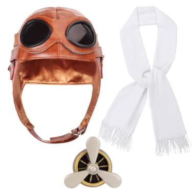 Imagem de Kyson Aviator Costume 4Pcs 1920s Vintage Aviator Hat With Goggles White Scarf Brooch for Halloween Aviation Pilot Theme Party (Set B)