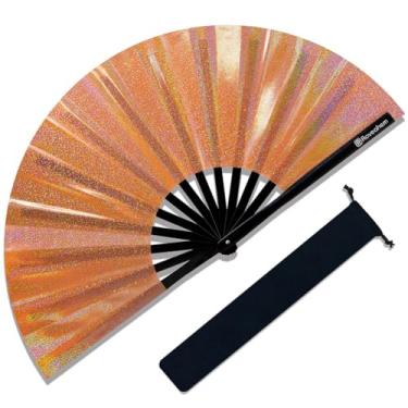 Imagem de Raveahem Ventilador de mão dobrável grande com glitter para homens e mulheres, ventilador de mão para EDM, festival, clube, festa, dança (laranja ridescente, 33 cm)