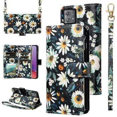 Imagem de Furill Capa carteira para Motorola Moto G84 5G com alça de pulso alça de ombro transversal flor couro 6+ compartimentos para cartões, bolsa com zíper, suporte para cartão de crédito, protetor de