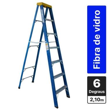 Imagem de Escada tesoura simples em fibra de vidro 6 degraus + patamar 2,10 m- P