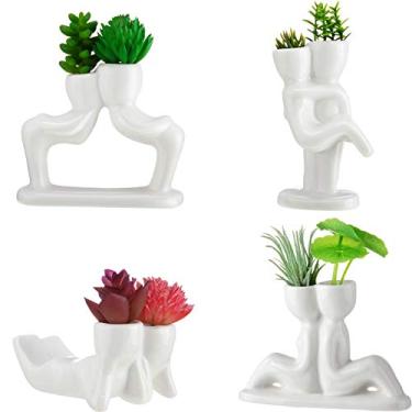Imagem de Potchen 4 peças de suporte para vasos de ar de cerâmica para pessoas com cabeça branca e linda mesa para amantes de plantas aéreas, decoração faça-você-mesmo, casa, escritório, feriado, dia dos namorados