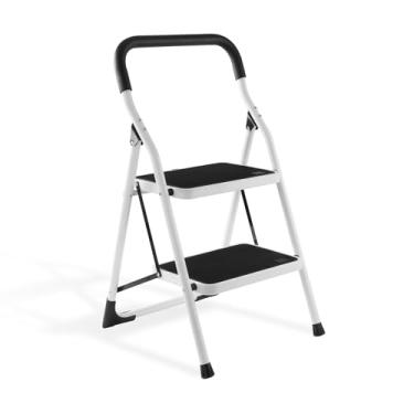 Imagem de KREBS Escada de 2 degraus, banco dobrável com alça acolchoada com degraus de plataforma largos, banco de 2 degraus para adultos
