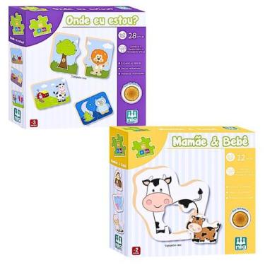 Imagem de Kit 2 Brinquedo Educativo Mamãe E Bebe Quebra-cabeça Interativo Madeir