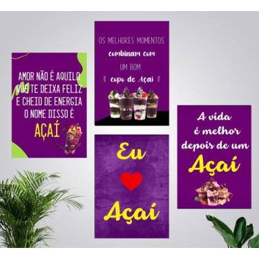 Imagem de Kit 4 Quadros Açaí Frases Copo Decorativos Açaíteria 20x28cm - CAMALEÃ