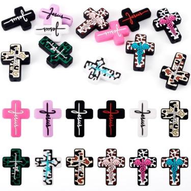 Imagem de Boutigem 12 peças de contas cruzadas de silicone Jesus Faith Cross Silicone contas focais coloridas com estampa de leopardo, crucifixo religioso, contas espaçadoras soltas para canetas com contas,