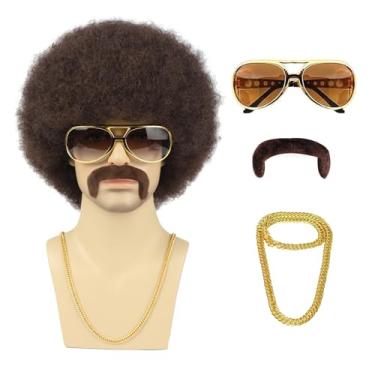 Imagem de TUOFLY Peruca Afro Masculina com Colar de Óculos Bigode e Touca de Peruca Marrom 70s Peruca Afro Discoteca Natural Fofa Peruca de Cabelo Sintético Encaracolado para Festa de Halloween Natal Cosplay