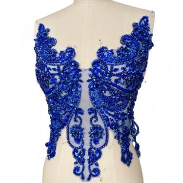 Imagem de Apliques de renda de strass feitos à mão costurados em contas de vidro acessório para roupas sociais (azul)