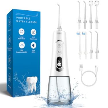 Imagem de Irrigador Oral Portátil com fio Dental de água, 300ml, Recarregável, à Prova d'água IPX7, 9 Modos com Display LED, 8 Bicos de Jato, para Uso Doméstico e Em Viagens - Branco