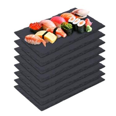 Imagem de IHDYPPEW Tábuas de queijo de ardósia, pacote com 8 pratos de ardósia de 25,4 x 15,2 cm, tábuas de charcutaria preta - Bandeja de servir de pedra natural com giz de pedra-sabão para festas, presentes e