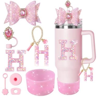 Imagem de XIANGYUAN Conjunto de 8 peças de acessórios rosa brilhante para copo Stanley Cup 850 g 1,134 g com alça, incluindo tampa de cobertura de palha de silicone, tampa à prova de derramamento, pingente de