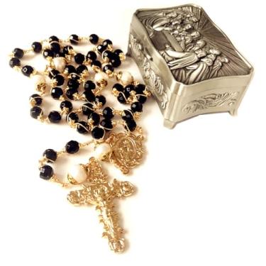 Imagem de elegantmedical Rosário de presente católico feito à mão com estojo banhado a ouro com ágata preta e colar de cruz/crucifixo de contas de pérola real de 11-12 mm e caixa de metal da última ceia, Large