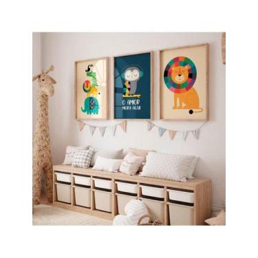 Imagem de Kit de Quadros Decorativos Infantil  Animais Coloridos Leão Coruja Sel