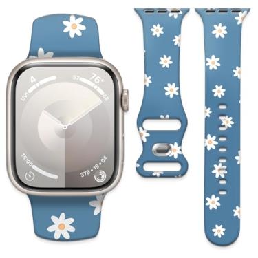 Imagem de Pulseira esportiva de silicone compatível com Apple Watch séries 10, 9, 8, 7, 6, 5, 4, 3, 2 e 1 de 40 mm, 38 mm e 41 mm (flores fofas)