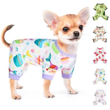 Imagem de Pijama para cães pequenos menina menino primavera yorkie roupas verão filhote de cachorro pijama macio para cachorro macacão para chihuahua xícara de chá padrão fofo roupas de gato de estimação vestuário vestuário (2GG, bolo)