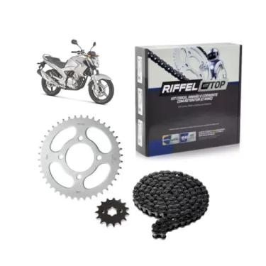Imagem de Kit Relação Transmissão Yamaha Fazer 250 2006 até 2017 com Retentor (O-ring) TOP Aço 1045 Riffel 91091