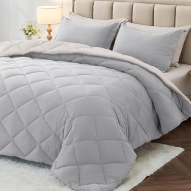 Imagem de MUXHOMO Jogo de cama solteiro GG de 5 peças, cama reversível em uma bolsa, tamanho twin GG, todas as estações, lençol de cima, lençol com elástico, fronhas e fronhas, cinza claro e bege