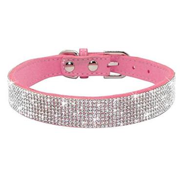 Imagem de Pimaodog Coleira para cachorro com strass, lindo deslumbrante couro de camurça macio ajustável cão gato coleira diamante cristal para filhotes pequenos médios grandes (P: 26 - 32 cm, rosa)