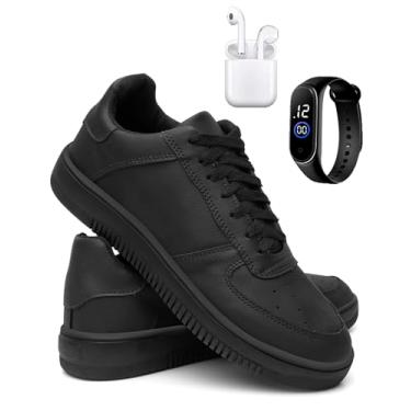 Imagem de KIT Tênis Masculino Casual Urbano Preto e Branco Leve Confortável e Estiloso com Fone de Ouvido e Relógio – Tamanhos 37 ao 44 (Preta, BR, Adulto, Numérico, 41)