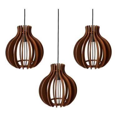 Imagem de Kit 3 Lustre Pendente Luminaria Rustica Sala Cozinha Madeira - Zonaro 