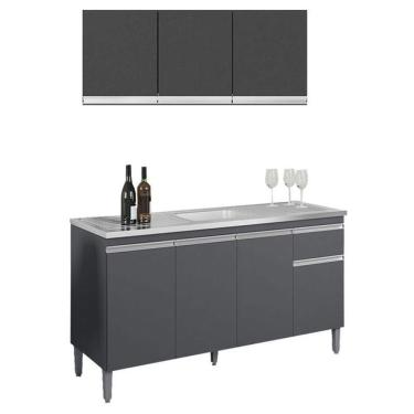 Imagem de Balcão De Pia Tatiane 145 Cm E Armário Aéreo Andréia 3 Portas 120 Cm Cinza Fosco – Ajl