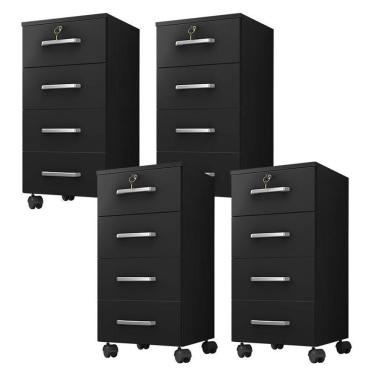 Imagem de Kit 4 Gaveteiros Para Escritório Gávea Com Chave Preto Fosco – Móveis Leão