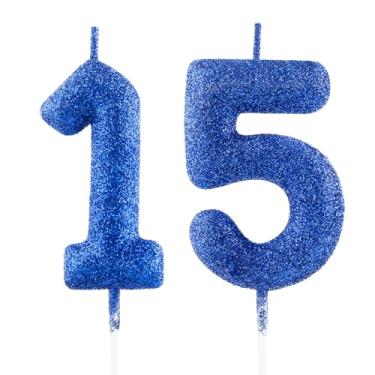 Imagem de FUNCANDLE Velas de aniversário azul royal com glitter de 6 cm, vela número 15, velas de feliz aniversário de 15 anos para decoração de festa de aniversário de meninas e meninos