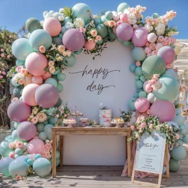 Imagem de TOVIDO Kit de guirlanda de balões duplos - Balões de látex verde empoeirado, azul bebê, blush e malva para chá de bebê Boho, revelação de gênero, decoração de festa floral (rosa, verde, rosa escuro