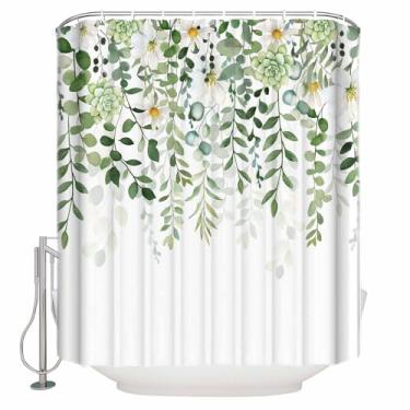 Imagem de IDOWMAT Cortina de chuveiro, aquarela, folhas de eucalipto, flores, conjunto de cortina de chuveiro à prova d'água com ganchos para banheiro, chuveiros, barracas e banheiras, planta de fazenda 182 x