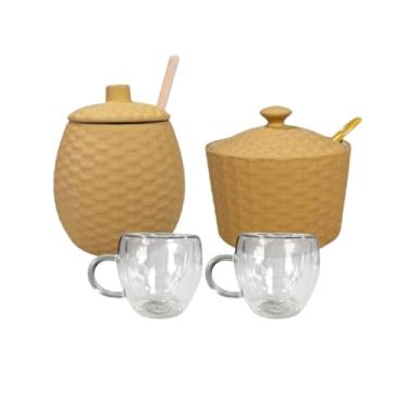 Imagem de Conjunto para Café: Açucareiro + Meleira Rattan Bege + 2 Xícaras Vidro Duplo 80ml