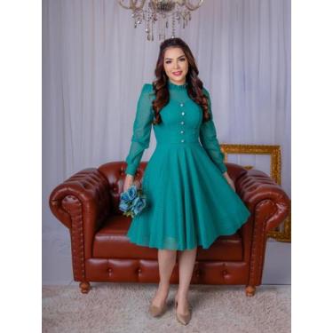 Imagem de Vestido Midi com Manga Longa Tule Poa com Botões - Vestidos de Festa, 