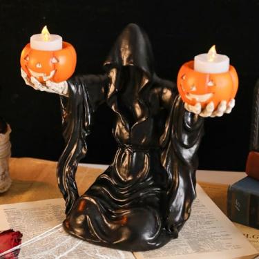 Imagem de Estatueta de Halloween Grim Reaper, estátua assustadora de ceifador segurando vela de abóbora decorativa para mesa, casa, decoração de festa de Halloween