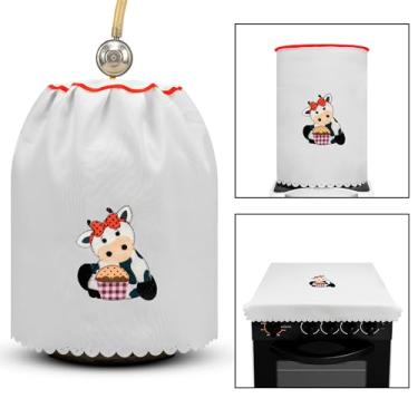 Imagem de Jogo de Cozinha 3 pçs Botijão Galão Fogão Oxford Bordado Estampado Viés Sortido Kit de Capas Decorativo (Vaca Branco)