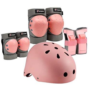 Imagem de Capacete de bicicleta Spofine Kids, capacete infantil ajustável para crianças jovens adultos, joelheiras cotoveleiras protetores de pulso crianças conjunto de equipamentos de proteção para skate, bicicleta, patinação no role, ciclismo, scooter, patins, rosa, Large
