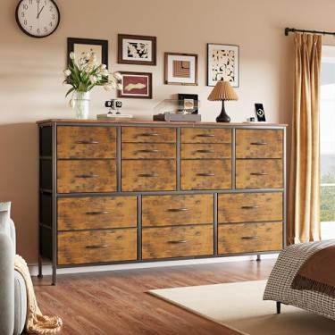 Imagem de Suporte de TV de cômoda com tomada elétrica Suportes de TV de 152 cm para cômoda de sala de estar para quarto com 16 gavetas para suporte de TV com suporte de TV de armazenamento para mesa de console