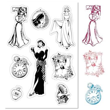 Imagem de CRASPIRE Vintage Lady Clear Rubber Stamps, relógio, perfume, gramofone, transparente, vintage, selos, selos de silicone, para fazer cartões, faça você mesmo, scrapbooking, papel, artesanato, álbum de