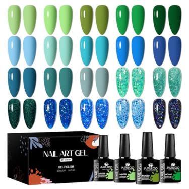 Imagem de MSRUIOO Conjunto de esmalte de gel com 20 peças: kit de unhas em gel azul verde escuro azul escuro verde floresta verde bebê azul marinho kit de unhas de gel glitter verde brilhante azul de imersão UV