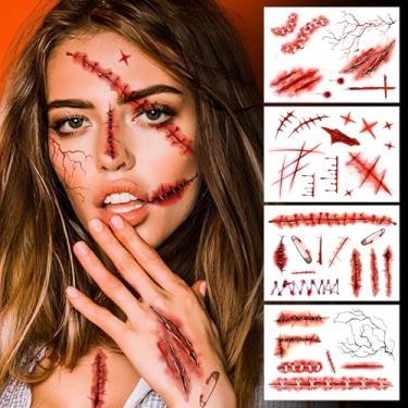 Imagem de Cerlaza Decorações de Halloween, tatuagens temporárias de zumbis, cicatrizes falsas, kit de maquiagem de Halloween, filme de terror grande tatuagem de ferida de cicatriz acessórios de festa, fantasias