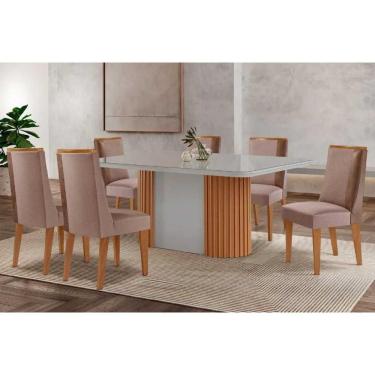 Imagem de Mesa Cozinha Pilar c/ Tampo Madeirado c/ Vidro Canto Curvo 180x90cm e 6 Cadeiras Tilia Madeira Maciça Naturale/Off White - Capuccino/Linho Capuccino-R