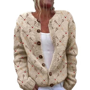 Imagem de Suéter de cardigã de Natal Wzdszle para mulheres bege 4XL