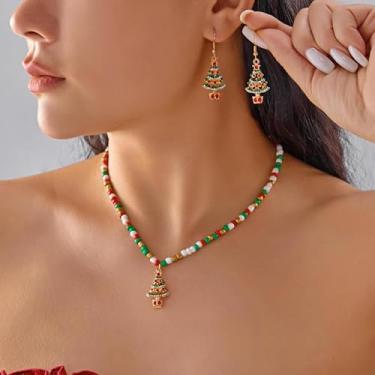 Imagem de Conjunto de colares e brincos de Natal para mulheres árvore de Natal com contas floco de neve Papai Noel coração pingente gargantilha vermelho verde branco árvore brincos de floco de neve meias