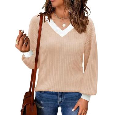 Imagem de Suéter LOMON com decote em V listrado de tamanho grande com manga em f