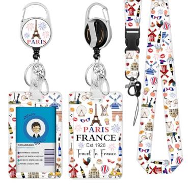 Imagem de Emblema de identificação France Lanyards, porta-crachá de identificação da Torre Eiffel com clipe retrátil e chaveiro, capa protetora de crachá de identidade vertical resistente para estudantes