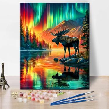 Imagem de TUMOVO Pintura por número para adultos Alce Noruega Aurora Pintura por Números para Adultos Luzes Polares Paisagem Paisagem Vibrante Tintas por Números para Decoração de Parede de Casa Cores Vibrantes