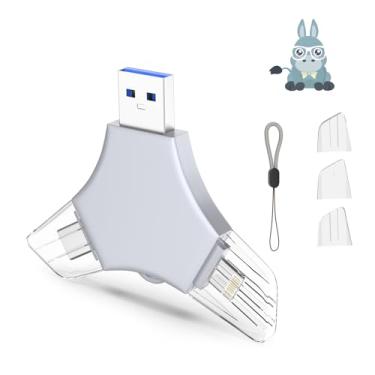 Imagem de Pen Drive USB 3.0 de 64 GB para iPhone, 3 em 1 com memória externa, suporte de fotos, vídeos, armazenamento de dados/backup, pen drives de alta velocidade V9.28 para iPhone/iPad/Android/PC - prateado