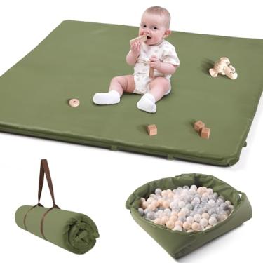 Imagem de Hikiddy Tapete de espuma para bebês: Tapete dobrável 2 em 1 e caixa de bolas para bebês e crianças pequenas - Tapete acolchoado de couro vegano macio extragrosso 127 x 128 cm para cercadinho de 127 x
