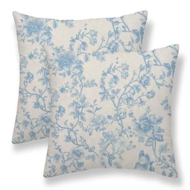 Imagem de Sunshineyan Capas de almofada floral azul bebê 45,7 x 45,7 cm Conjunto de 2 fronhas decorativas de flores chinoiserie de linho quadrado vintage decoração chinoiserie fronha para casa sofá