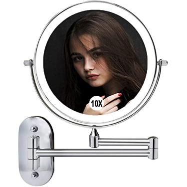 Imagem de Espelho de maquiagem iluminado, espelho cosmético dupla face de 20 cm com luzes, 1 espelho de banheiro com ampliação de 10X para barbear