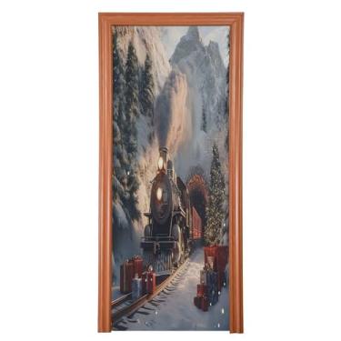 Imagem de Wassud Capa de porta de Natal para decoração de banner 91 x 242 cm grande trens com elástico para porta interna para varanda e porta da frente
