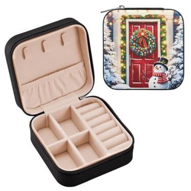 Imagem de Wassud Caixa de joias de viagem de cena de Natal para mulheres, meninas, senhoras, noiva, mini organizador de joias de couro PU, caixa quadrada de armazenamento de joias para brincos, anéis, colar